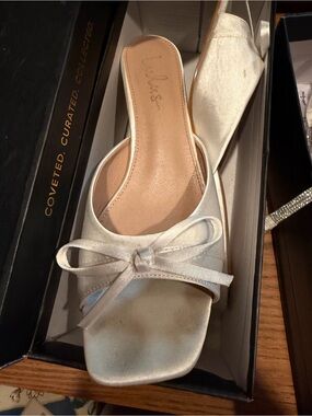 Gilzean Lulus White Satin Bow High Heel Slide Sandals.